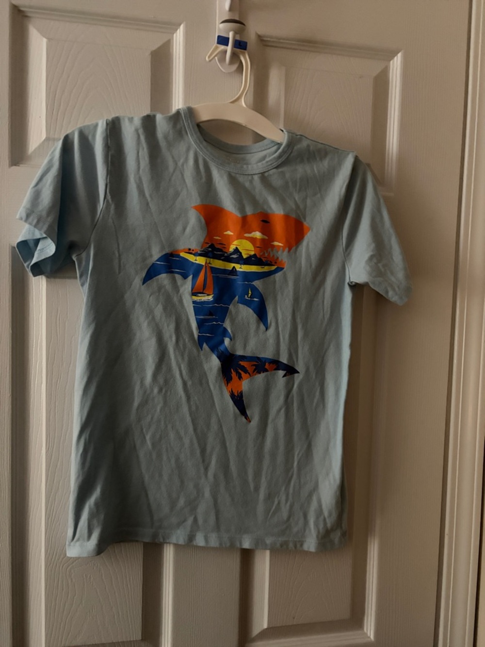 Light Blue Tee with Sunset Shark Graphic